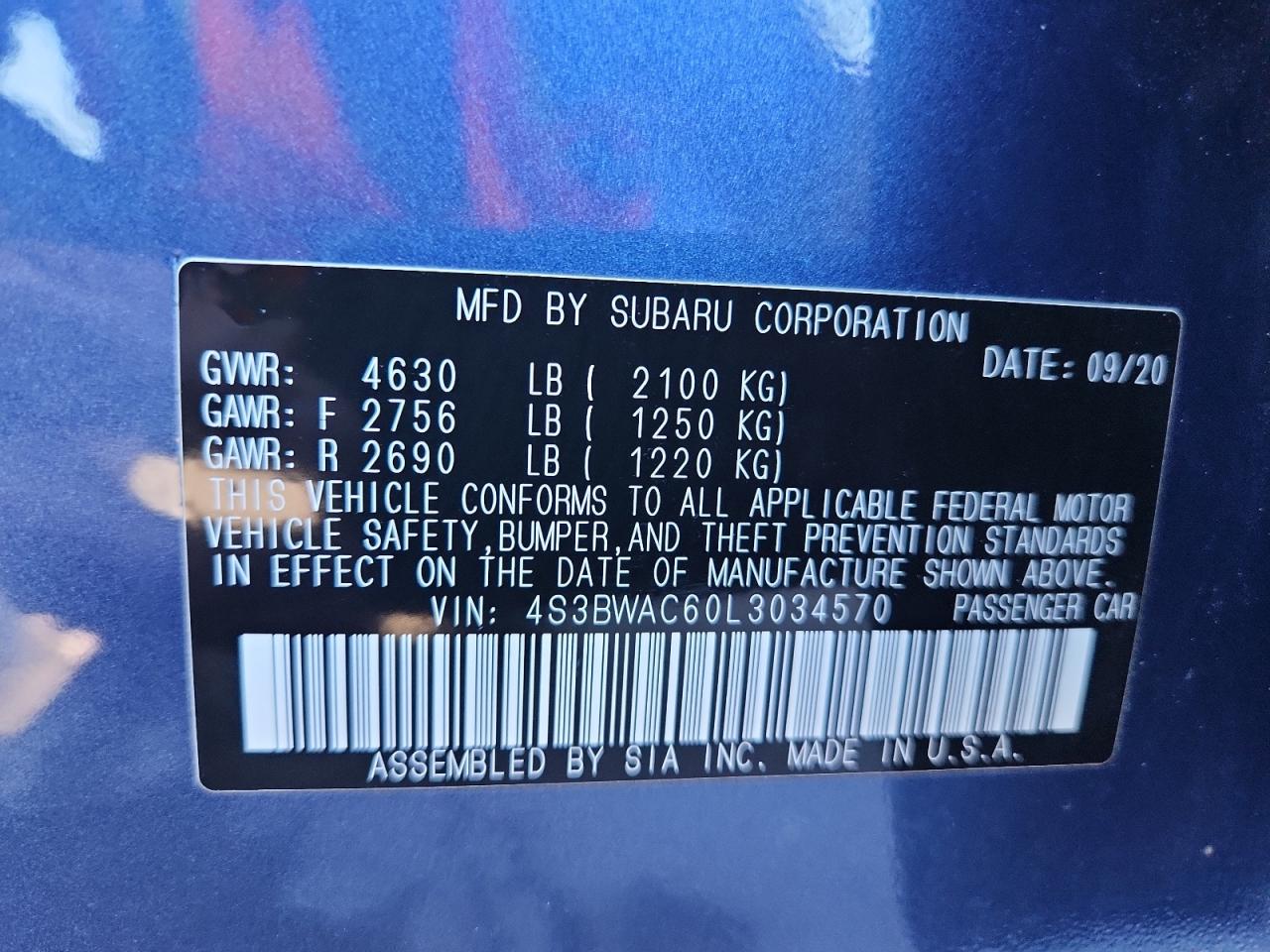 2020 Subaru Legacy Premium VIN: 4S3BWAC60L3034570 Lot: 92945155