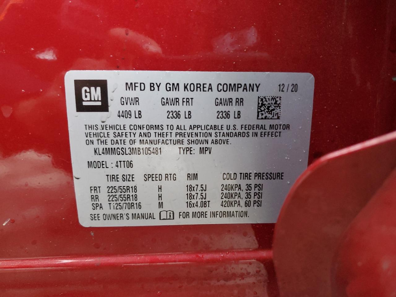 2021 Buick Encore Gx Essence VIN: KL4MMGSL3MB105481 Lot: 93220235