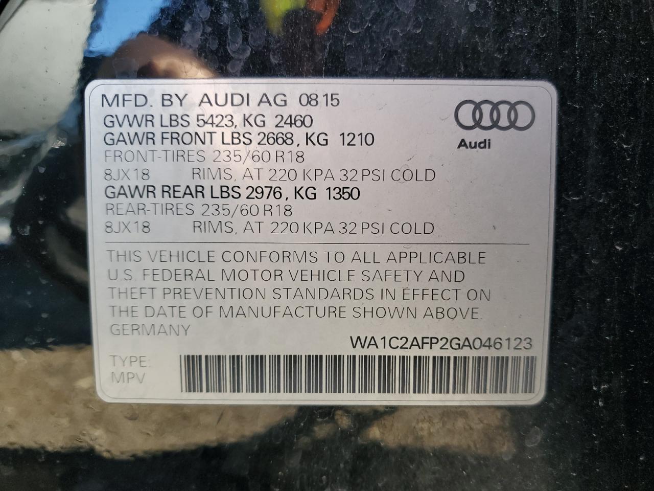 2016 Audi Q5 Premium VIN: WA1C2AFP2GA046123 Lot: 92063675