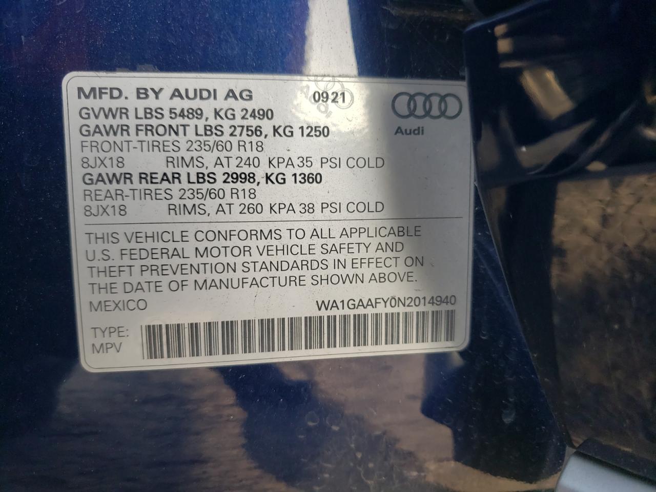 2022 Audi Q5 Premium 45 VIN: WA1GAAFY0N2014940 Lot: 90872585