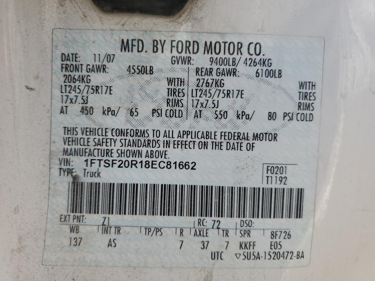 2008 Ford F250 Super Duty VIN: 1FTSF20R18EC81662 Lot: 92223845