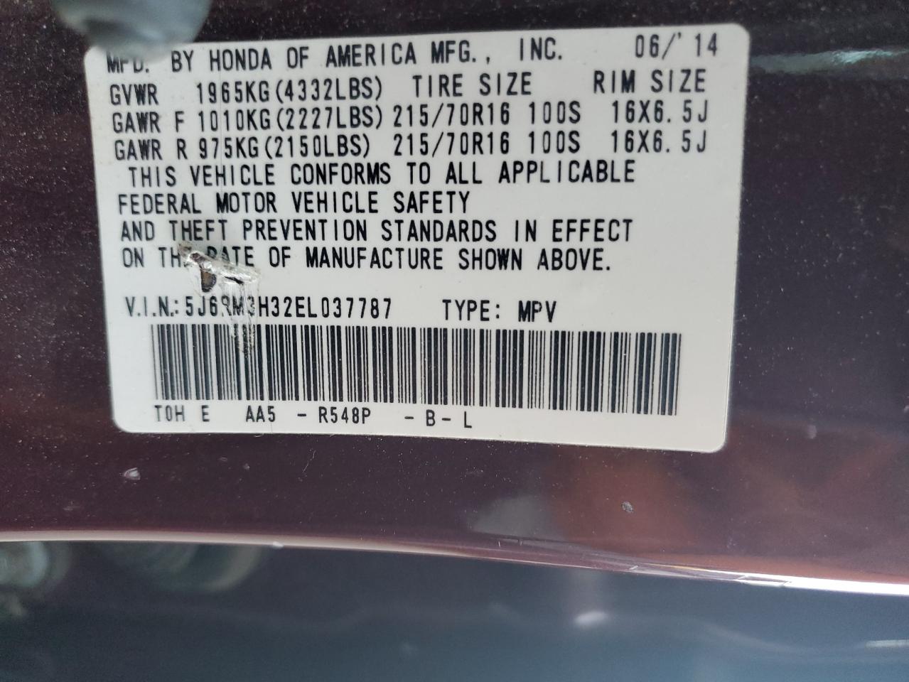 2014 Honda Cr-V Lx VIN: 5J6RM3H32EL037787 Lot: 92744305