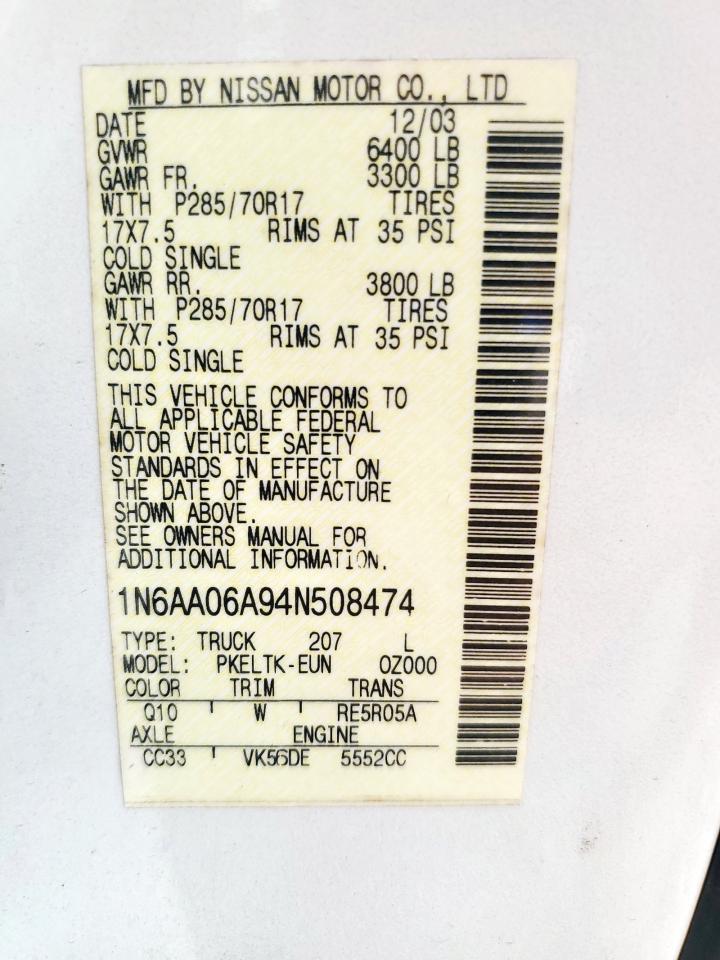 2004 Nissan Titan Xe VIN: 1N6AA06A94N508474 Lot: 93083695