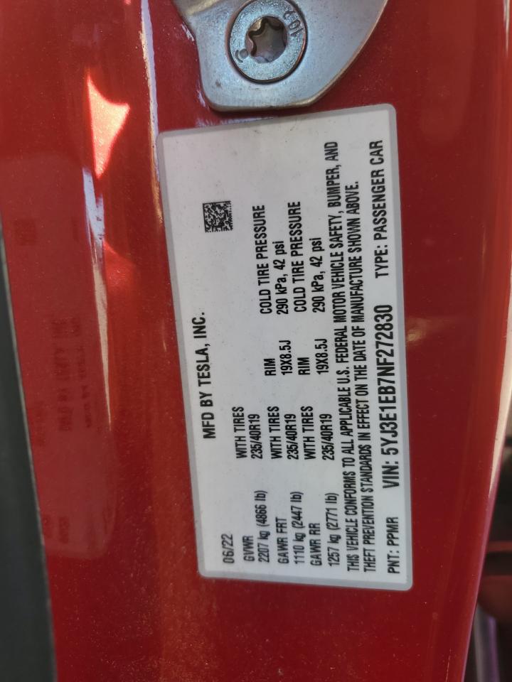 2022 Tesla Model 3 VIN: 5YJ3E1EB7NF272830 Lot: 91095765