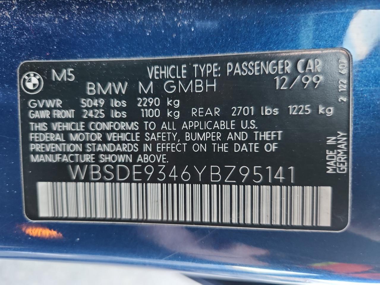 2000 BMW M5 VIN: WBSDE9346YBZ95141 Lot: 92671245