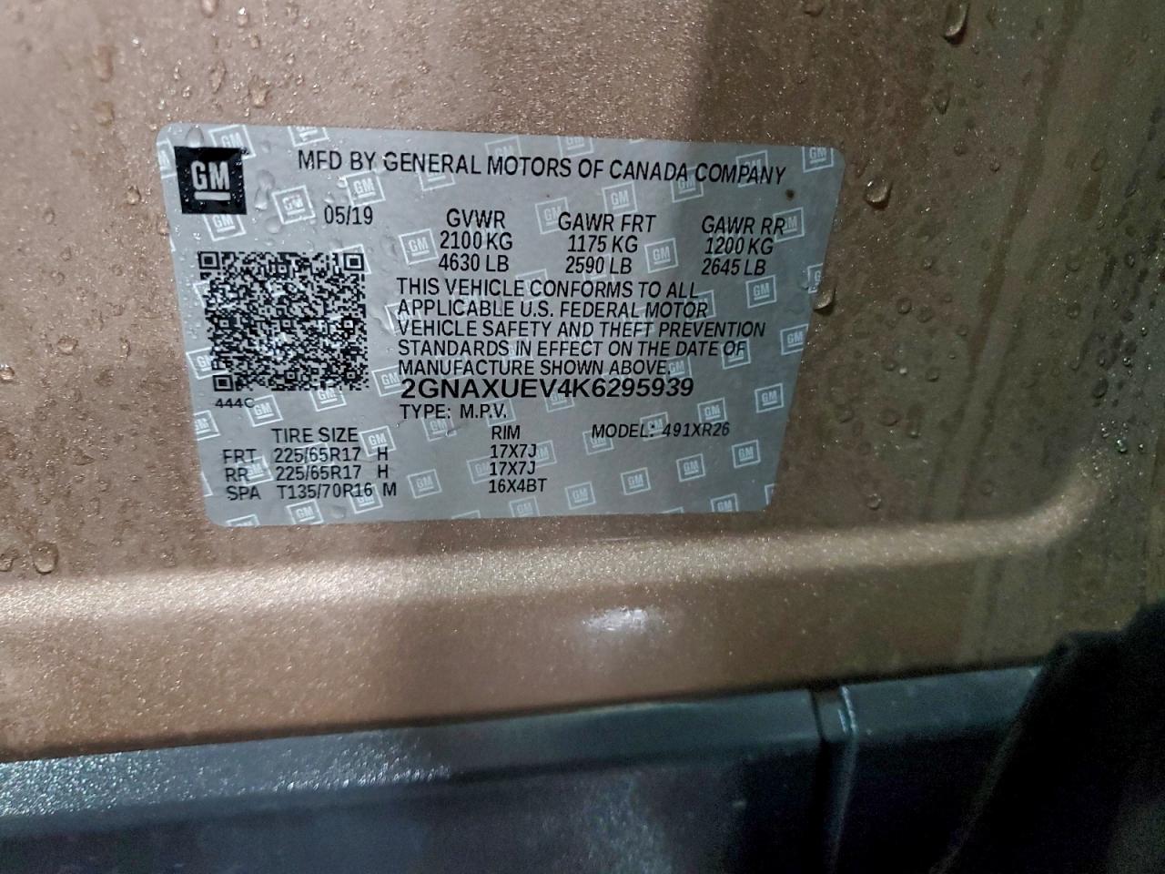 2019 Chevrolet Equinox Lt VIN: 2GNAXUEV4K6295939 Lot: 94099165