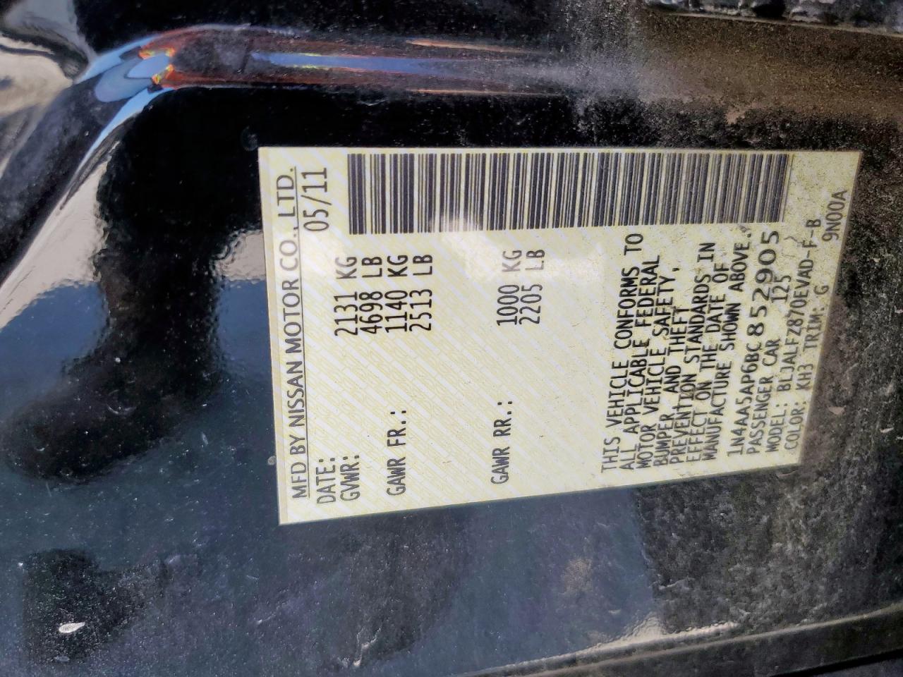 2011 Nissan Maxima S VIN: 1N4AA5AP6BC852905 Lot: 93133895