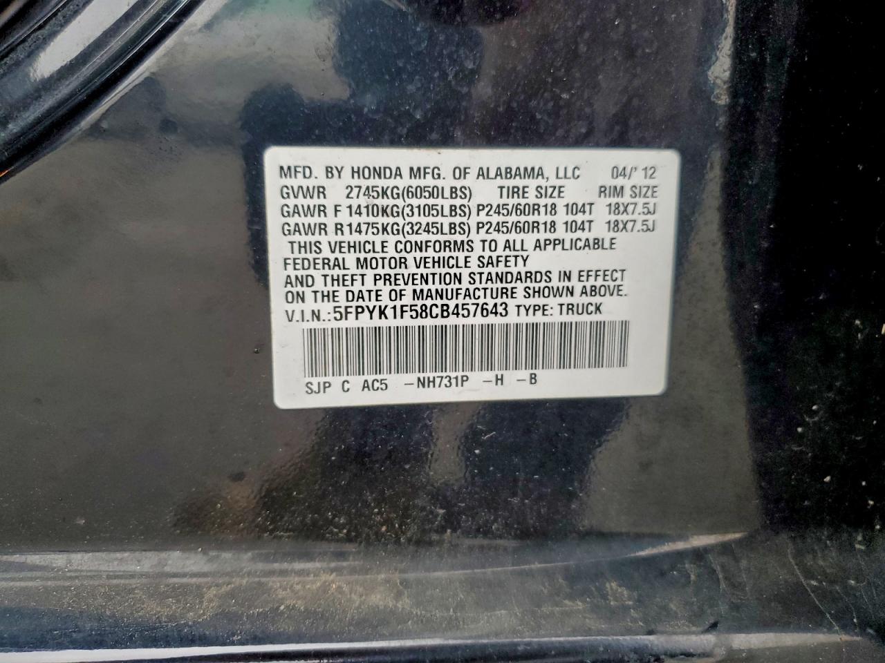 2012 Honda Ridgeline Rtl VIN: 5FPYK1F58CB457643 Lot: 93734895