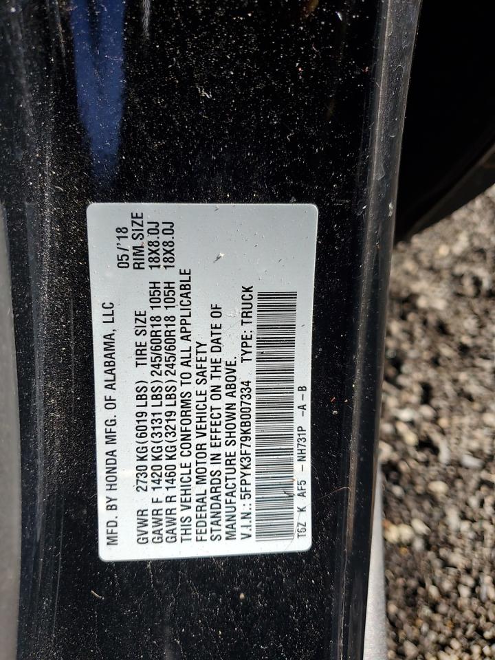 2019 Honda Ridgeline Rtl VIN: 5FPYK3F79KB007334 Lot: 93500465