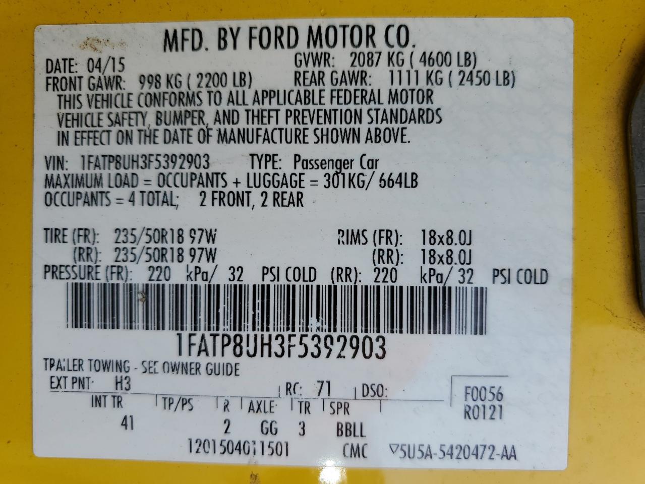 2015 Ford Mustang VIN: 1FATP8UH3F5392903 Lot: 92227265