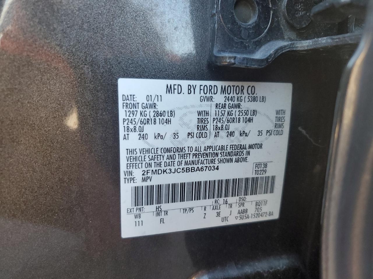 2011 Ford Edge Sel VIN: 2FMDK3JC5BBA67034 Lot: 91162725