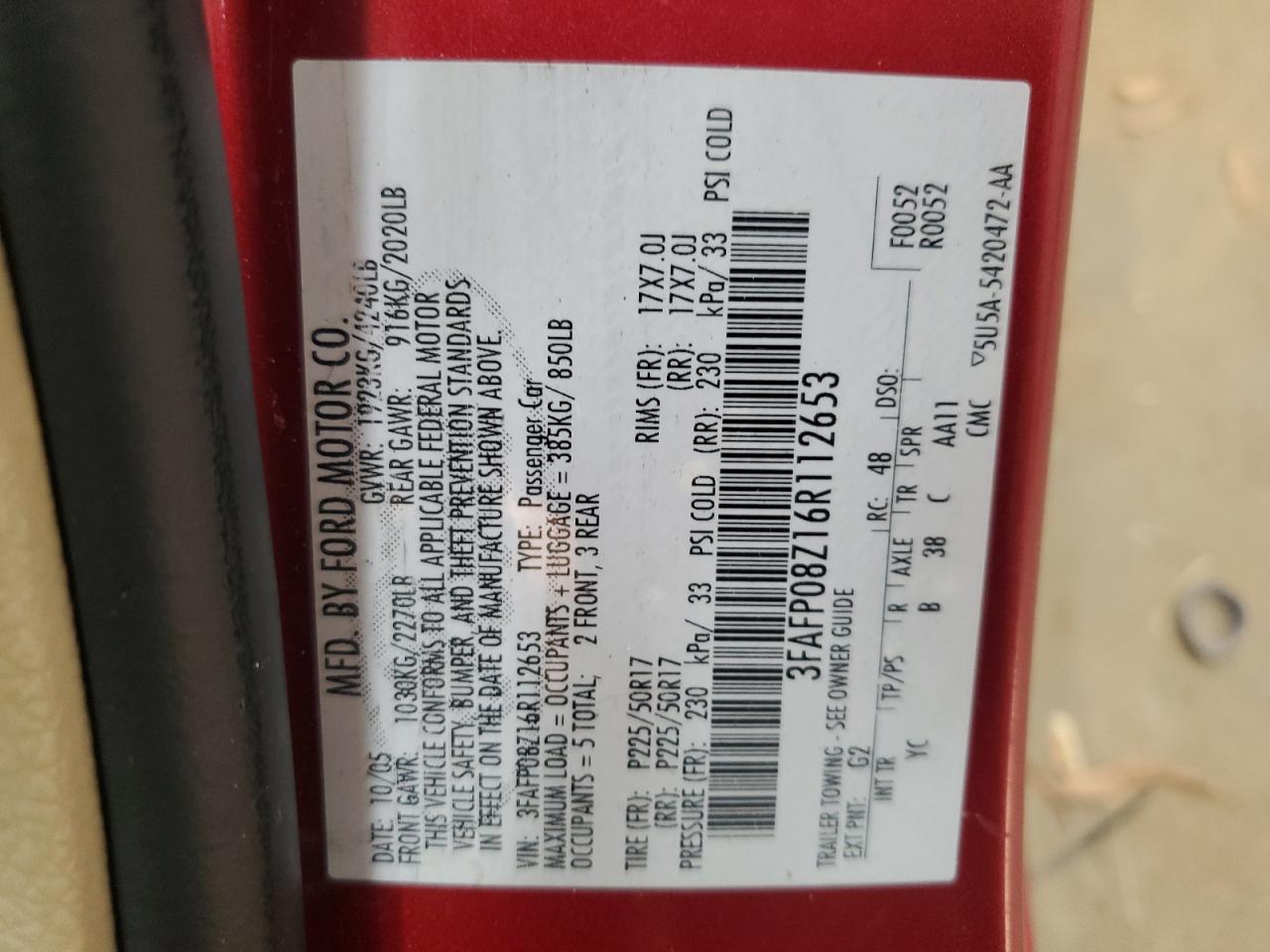 2006 Ford Fusion Sel VIN: 3FAFP08Z16R112653 Lot: 92912705