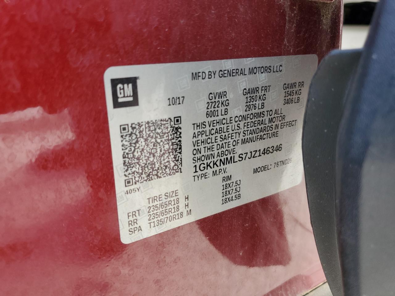 2018 GMC Acadia Slt-1 VIN: 1GKKNMLS7JZ146346 Lot: 91146385