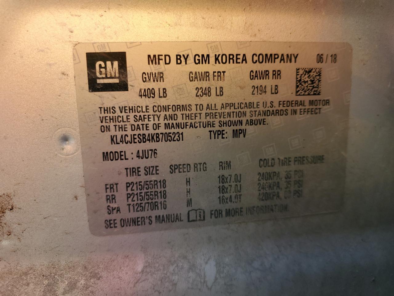 2019 Buick Encore Preferred VIN: KL4CJESB4KB705231 Lot: 92887765