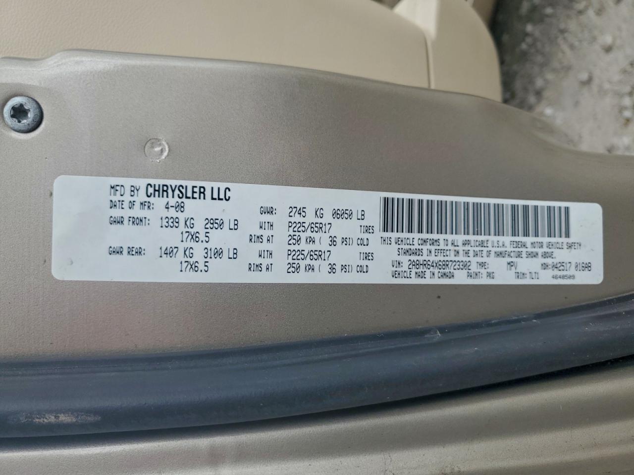 2008 Chrysler Town & Country Limited VIN: 2A8HR64X68R723302 Lot: 94520305