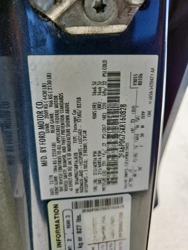 2019 Ford Fusion S VIN: 3FA6P0G75KR160828 Lot: 92851935