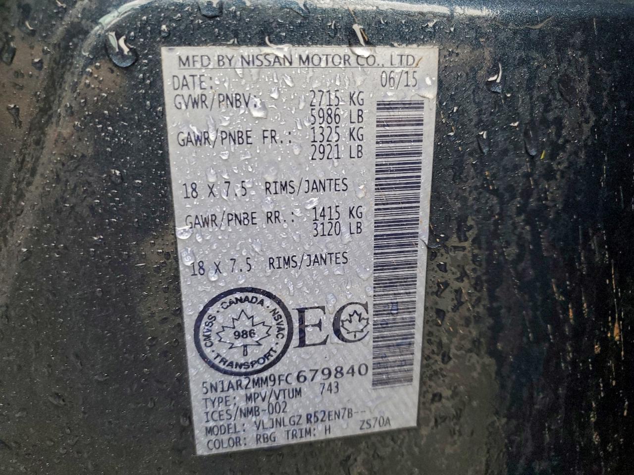 2015 Nissan Pathfinder S VIN: 5N1AR2MM9FC679840 Lot: 94221555