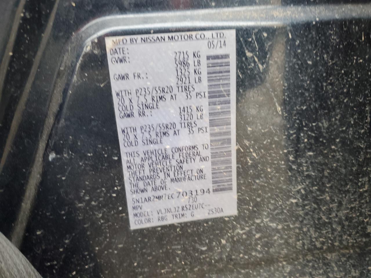 2014 Nissan Pathfinder S VIN: 5N1AR2MM7EC703194 Lot: 91216755