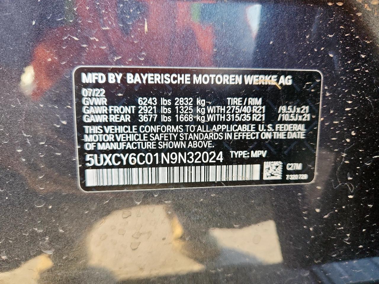 2022 BMW X6 xDrive40I VIN: 5UXCY6C01N9N32024 Lot: 92258215