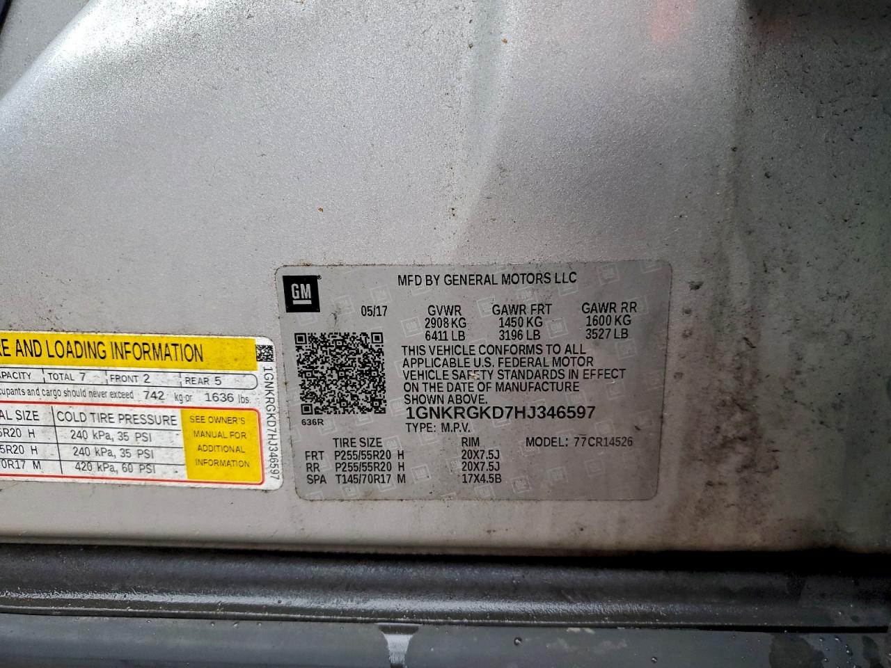 2017 Chevrolet Traverse Lt VIN: 1GNKRGKD7HJ346597 Lot: 93669105