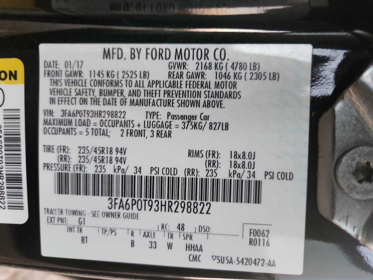 2017 Ford Fusion Se VIN: 3FA6P0T93HR298822 Lot: 90791355