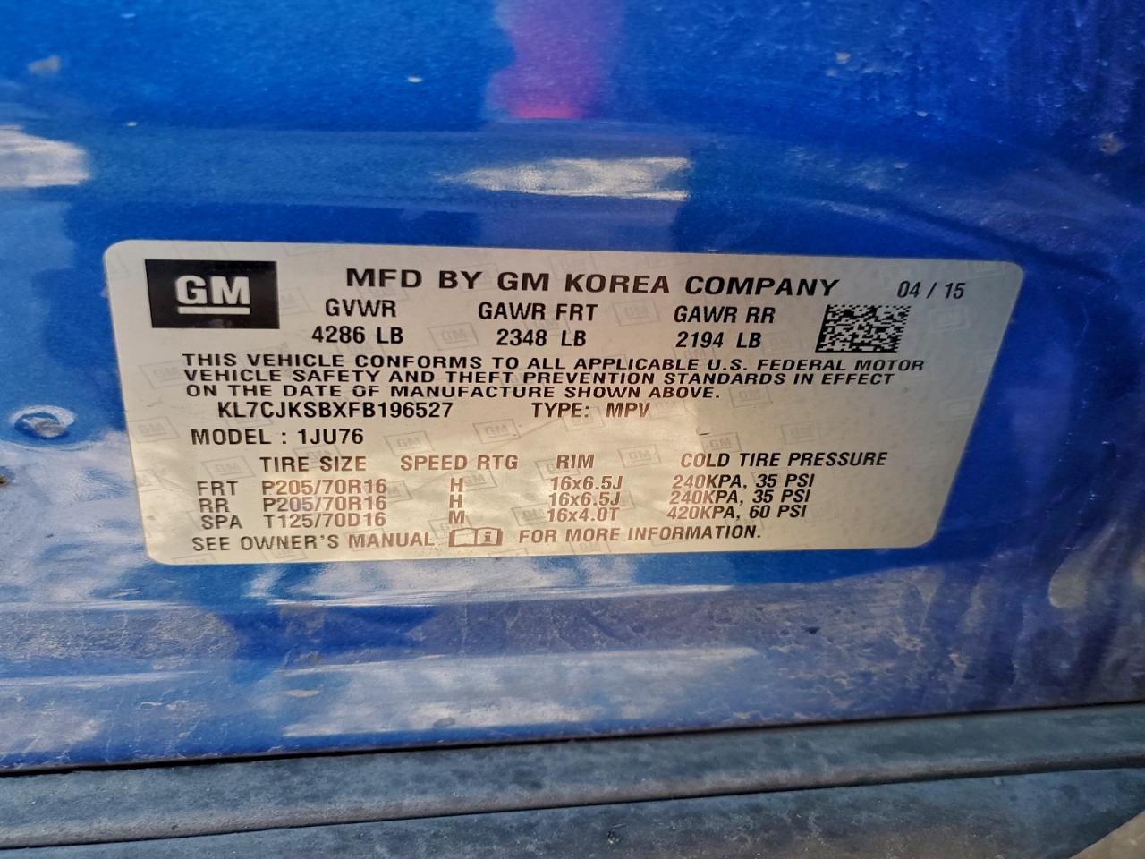 2015 Chevrolet Trax Ls VIN: KL7CJKSBXFB196527 Lot: 93937255