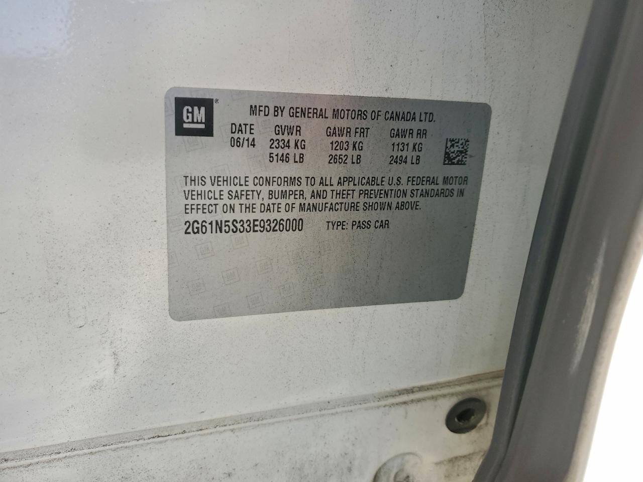 2014 Cadillac Xts Luxury Collection VIN: 2G61N5S33E9326000 Lot: 93326365