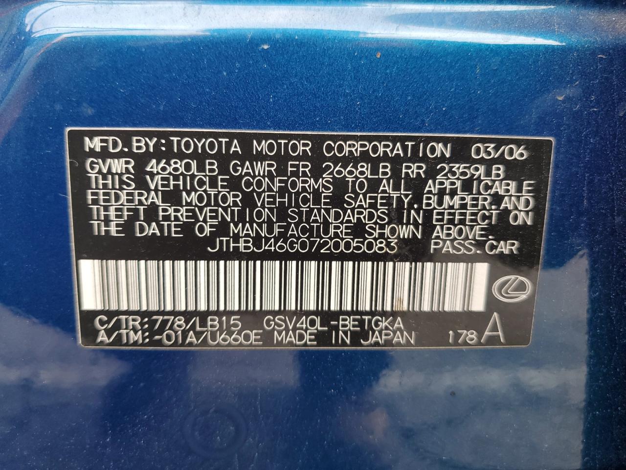 2007 Lexus Es 350 VIN: JTHBJ46G072005083 Lot: 91555535