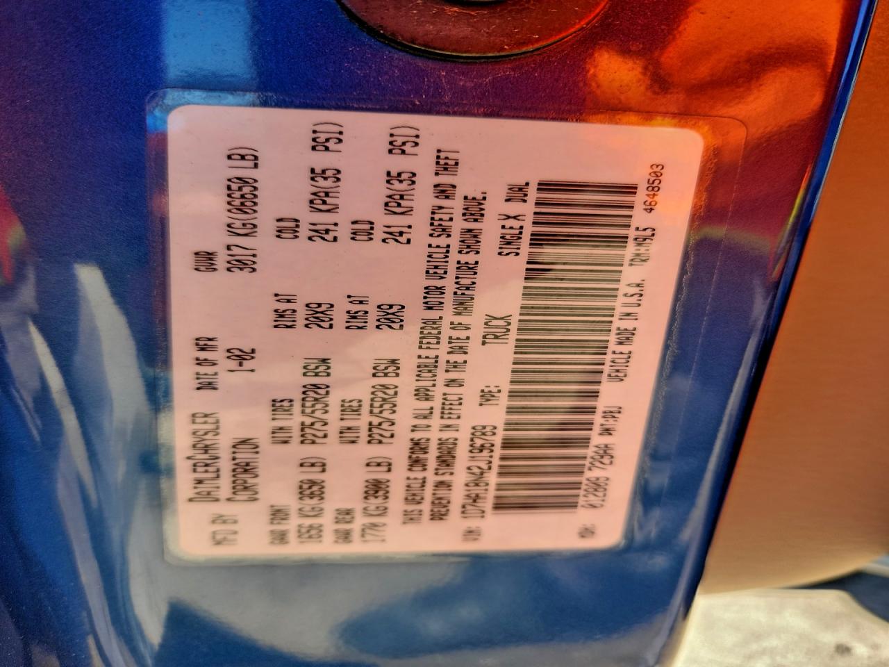2002 Dodge Ram 1500 VIN: 1D7HA18N42J196789 Lot: 94528775