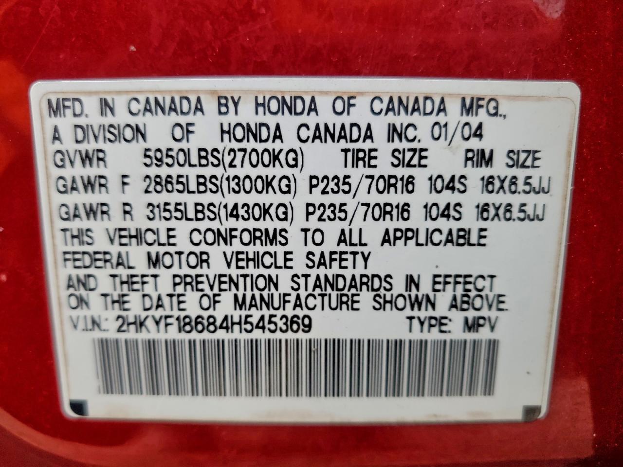 2004 Honda Pilot Exl VIN: 2HKYF18684H545369 Lot: 93343955