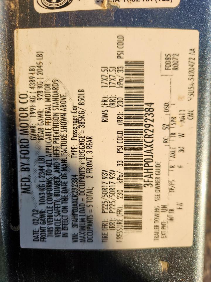 2012 Ford Fusion Sel VIN: 3FAHP0JAXCR292384 Lot: 91786845