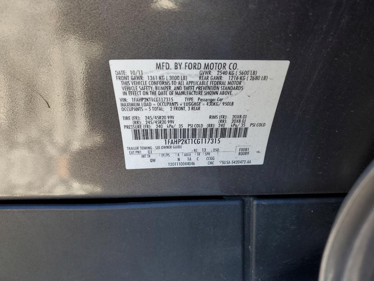 2012 Ford Taurus Sho VIN: 1FAHP2KT1CG117315 Lot: 93423045