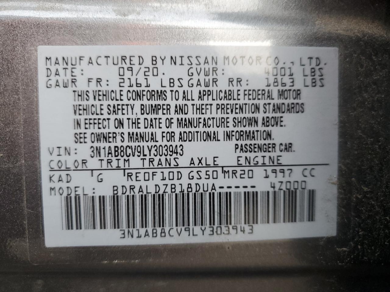 2020 Nissan Sentra Sv VIN: 3N1AB8CV9LY303943 Lot: 91814455