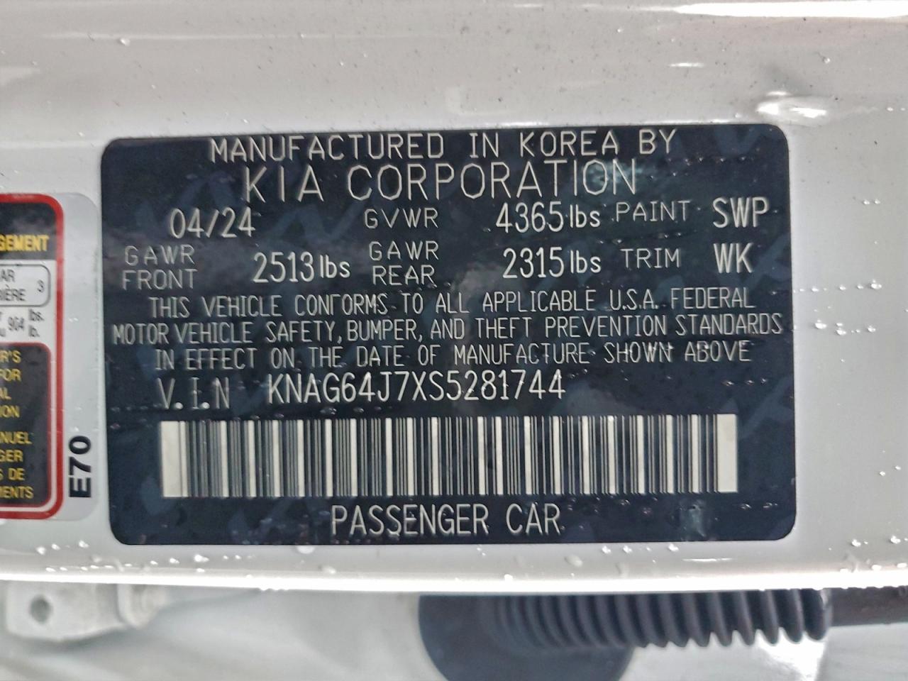 2025 Kia K5 Gt Line VIN: KNAG64J7XS5281744 Lot: 93683985