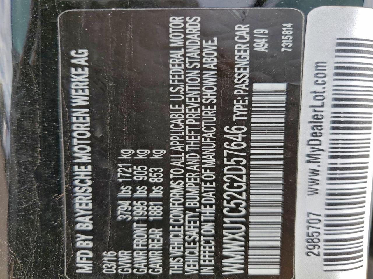 2016 Mini Cooper VIN: WMWXU1C52G2D57646 Lot: 93259785