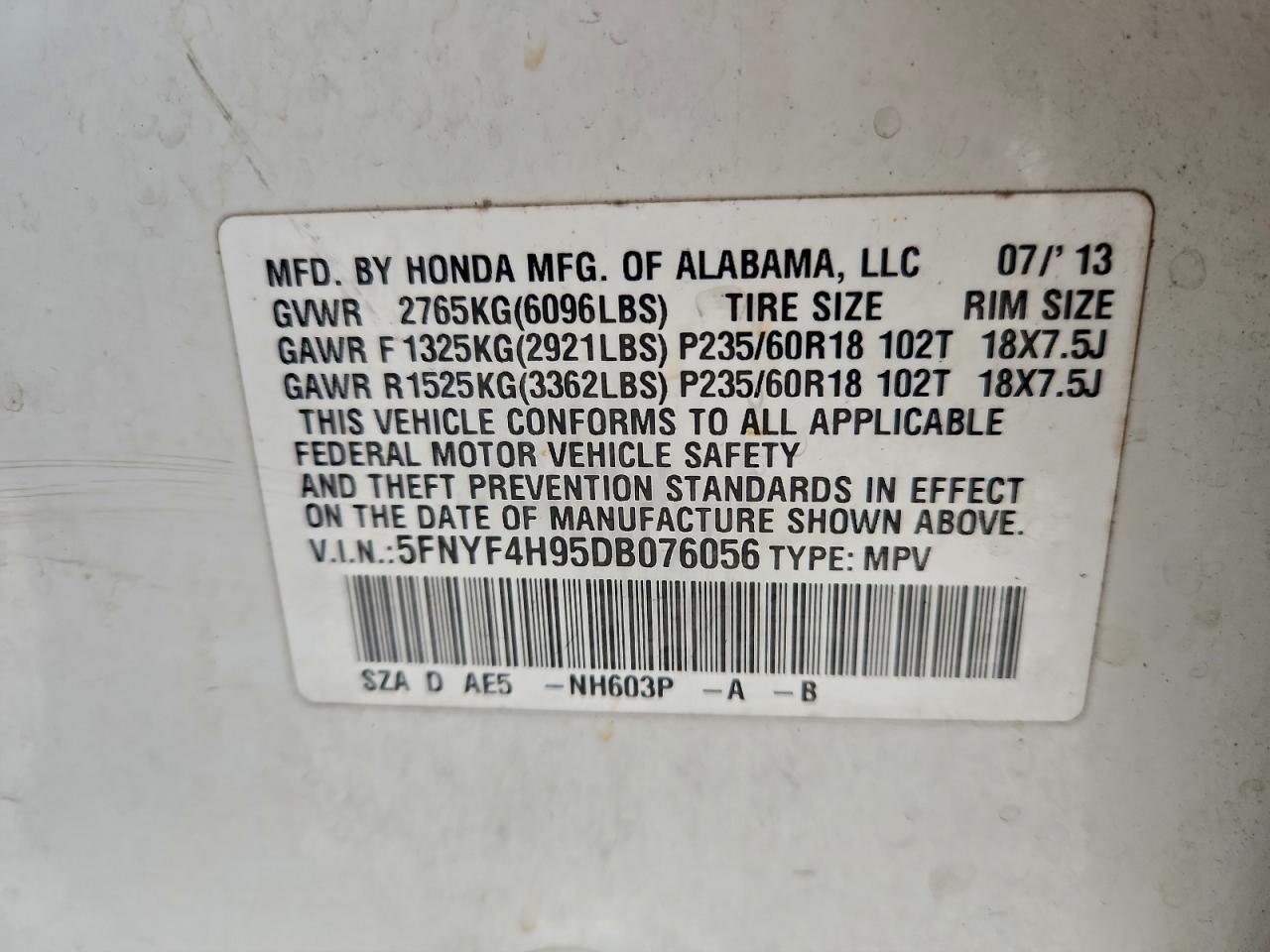 2013 Honda Pilot Touring VIN: 5FNYF4H95DB076056 Lot: 93838815