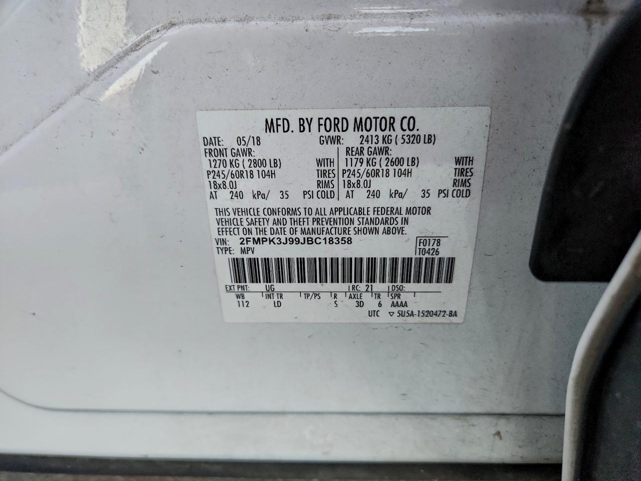 2018 Ford Edge Sel VIN: 2FMPK3J99JBC18358 Lot: 94446385