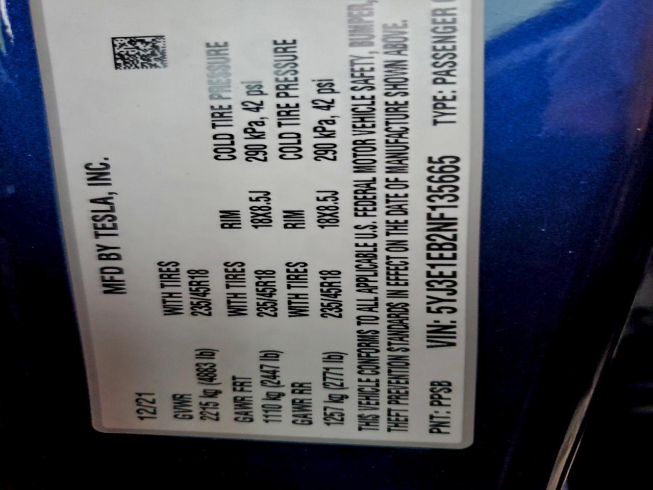 2022 Tesla Model 3 VIN: 5YJ3E1EB2NF135665 Lot: 94377025