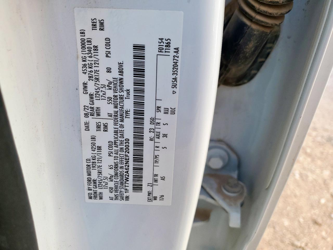 2022 Ford F250 Super Duty VIN: 1FT7W2A62NEF20030 Lot: 90700795