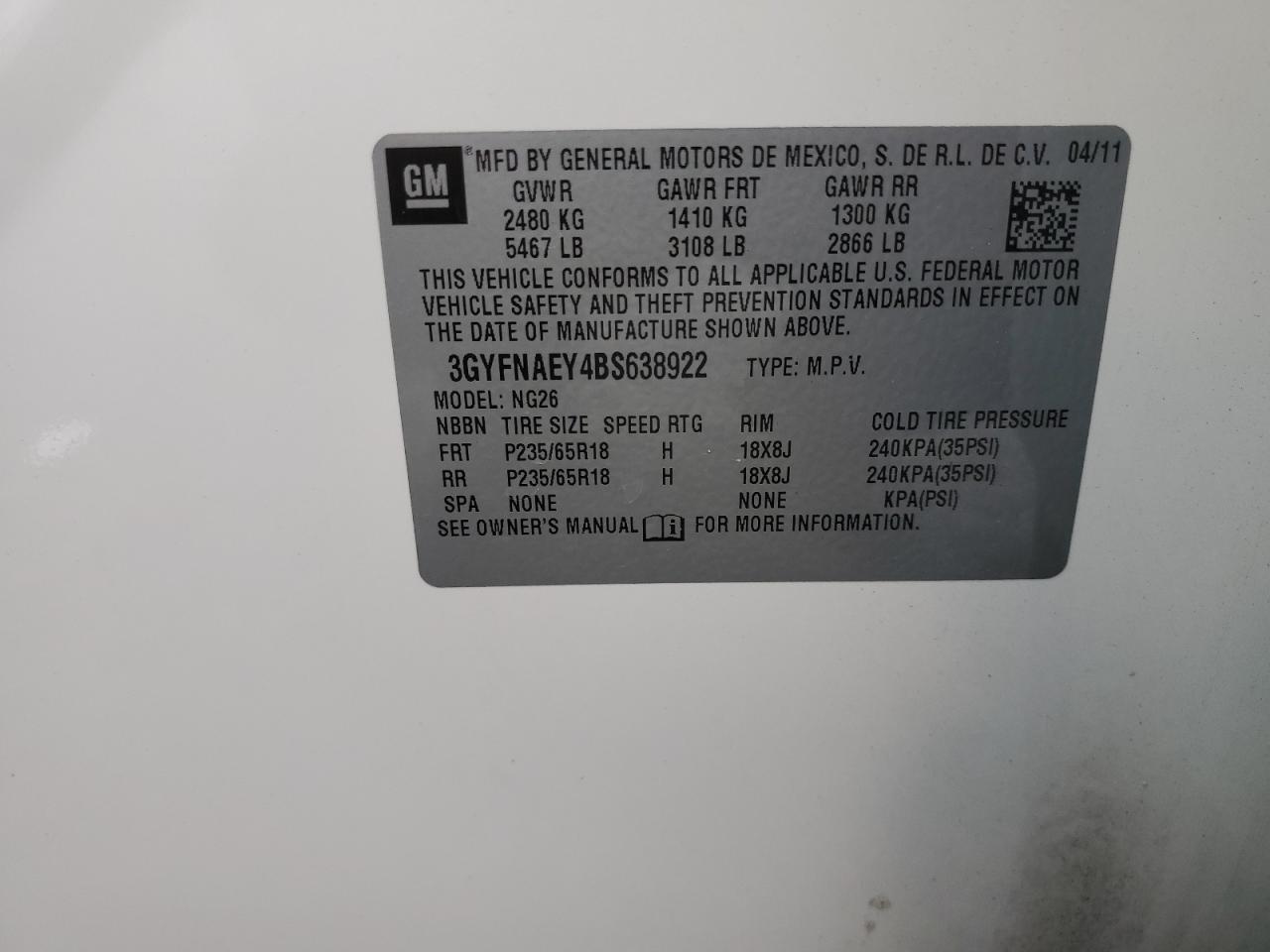 2011 Cadillac Srx Luxury Collection VIN: 3GYFNAEY4BS638922 Lot: 93832235