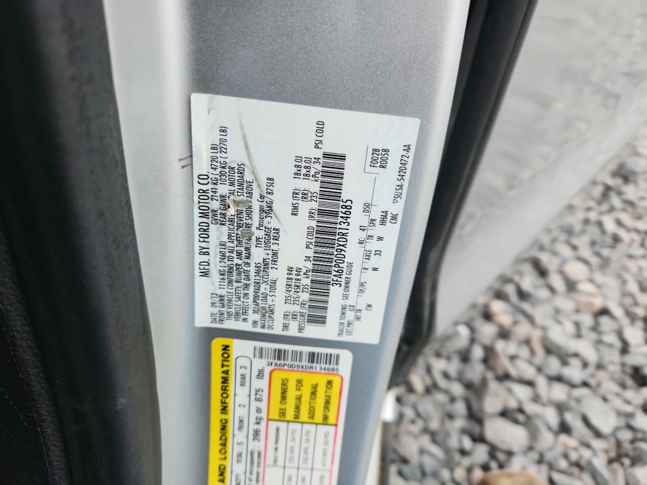 2013 Ford Fusion Titanium VIN: 3FA6P0D9XDR134685 Lot: 93850695