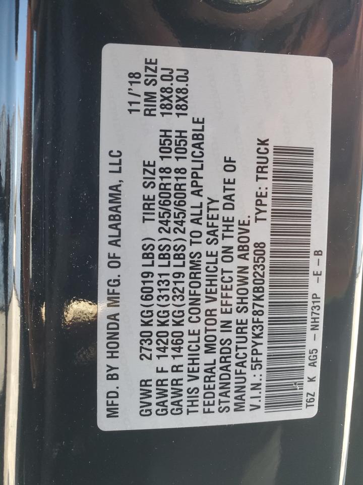 2019 Honda Ridgeline Black Edition VIN: 5FPYK3F87KB023508 Lot: 91974415
