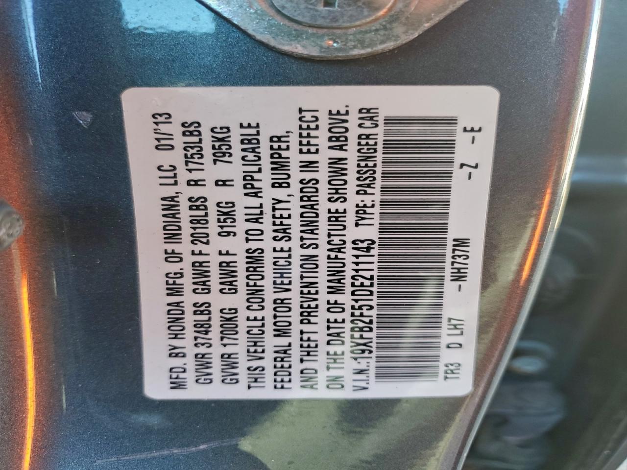 2013 Honda Civic Lx VIN: 19XFB2F51DE211143 Lot: 94586785