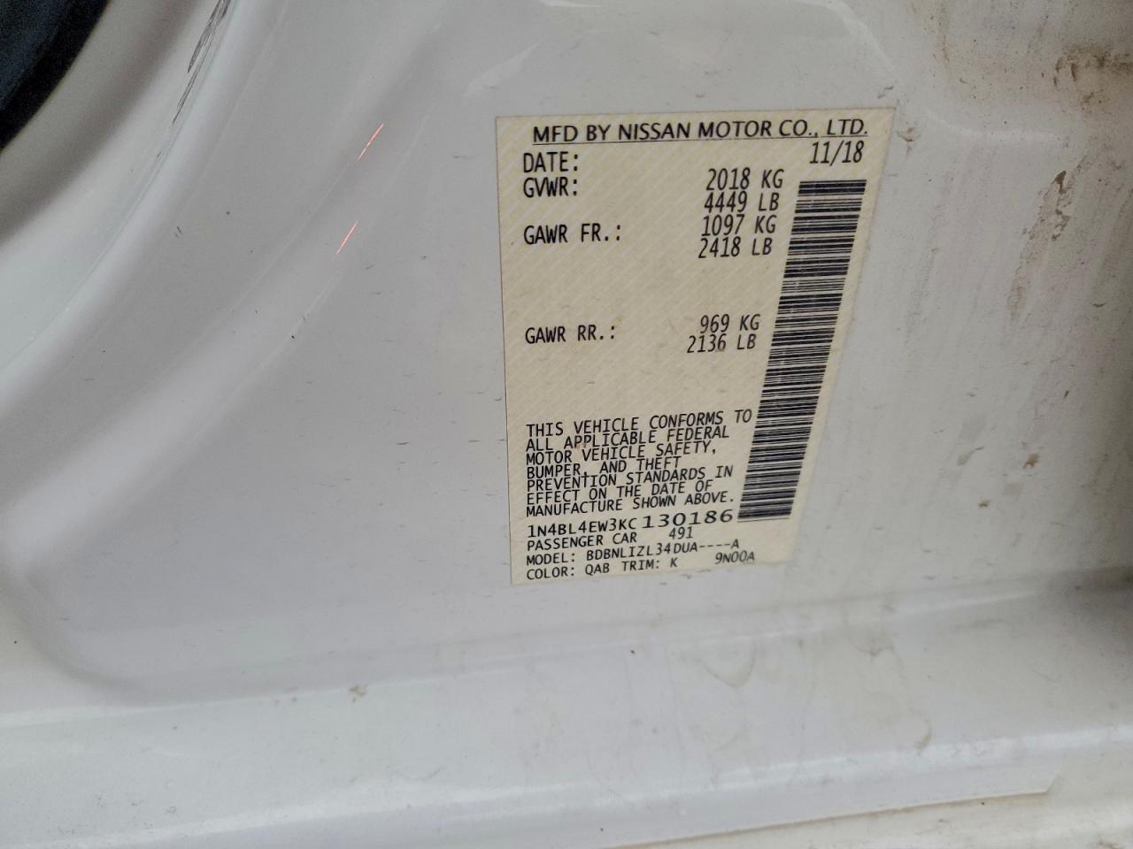 2019 Nissan Altima Sl VIN: 1N4BL4EW3KC130186 Lot: 94303705