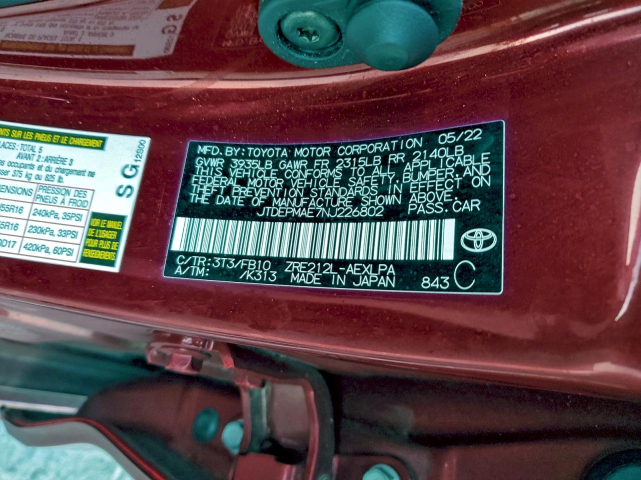 2022 Toyota Corolla Le VIN: JTDEPMAE7NJ226802 Lot: 93849575