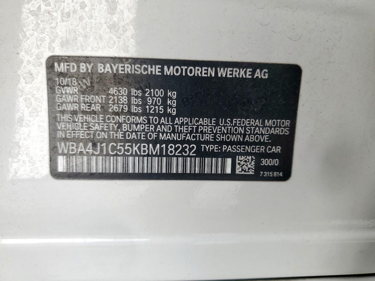 2019 BMW 430I Gran Coupe VIN: WBA4J1C55KBM18232 Lot: 93471375