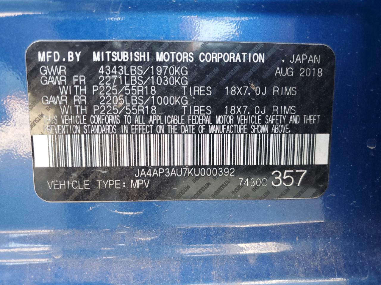 2019 Mitsubishi Outlander Sport Es VIN: JA4AP3AU7KU000392 Lot: 93103595