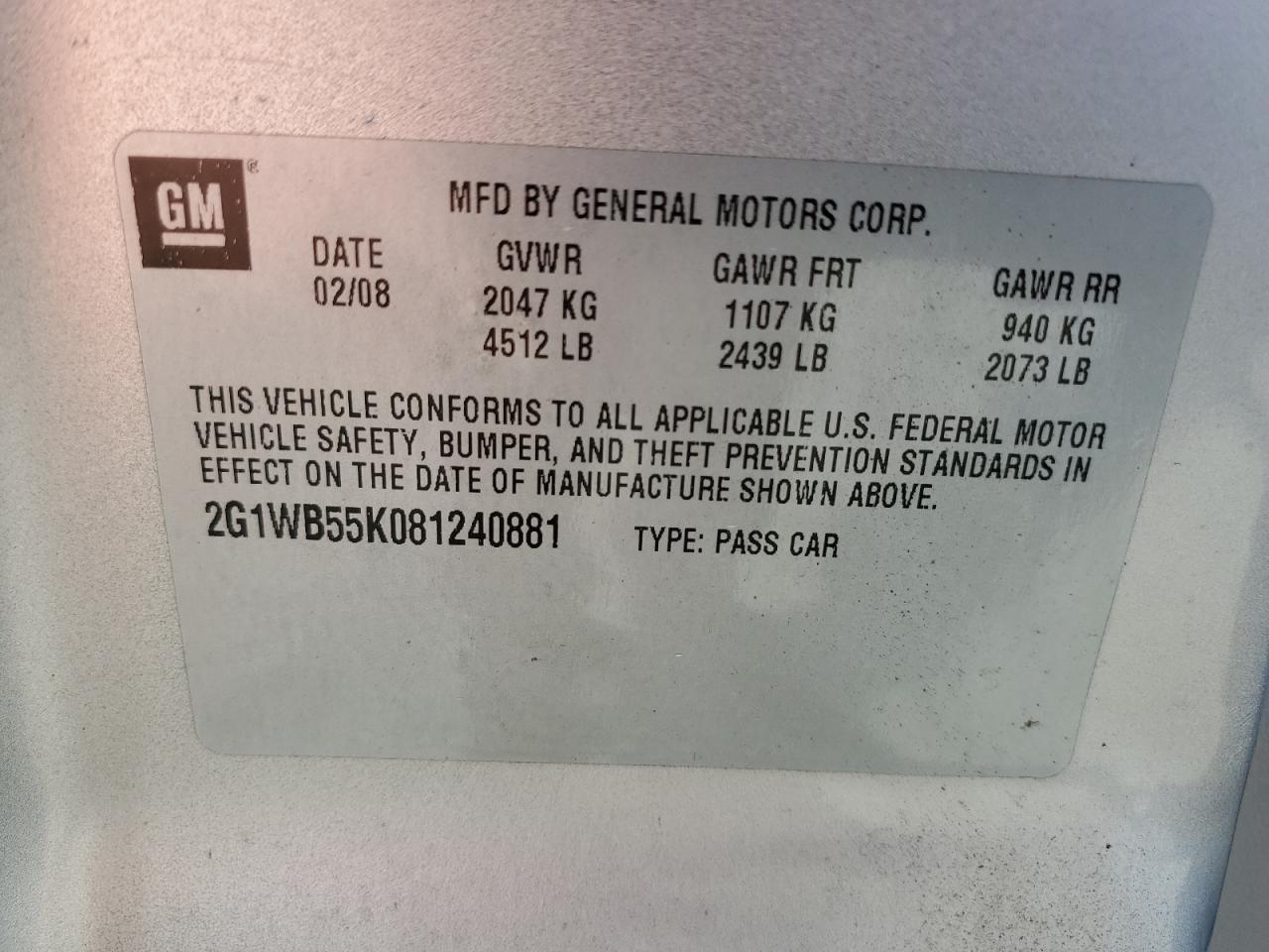 2008 Chevrolet Impala Ls VIN: 2G1WB55K081240881 Lot: 92420755