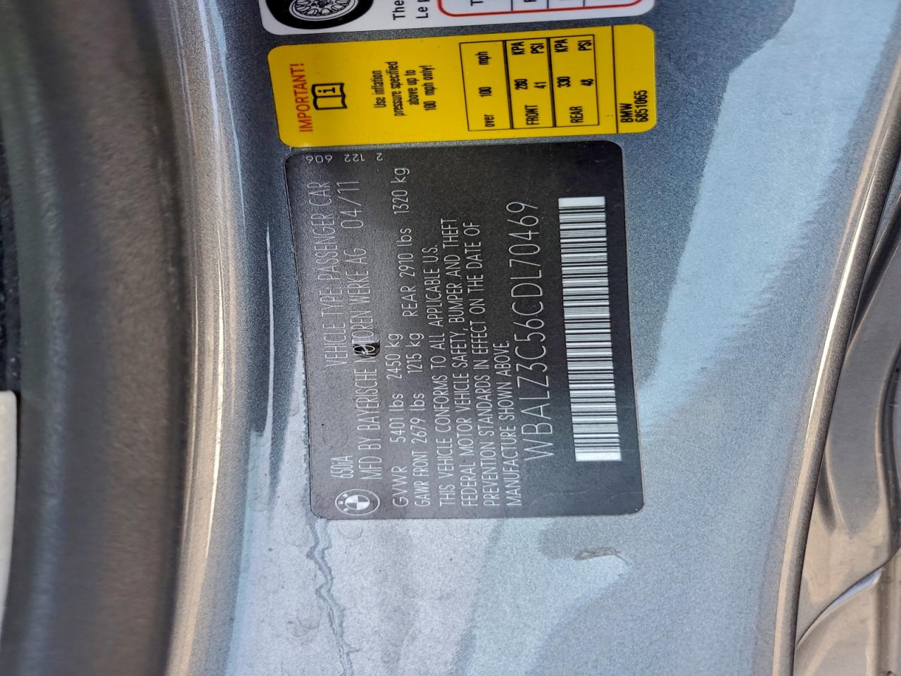 2012 BMW 650 I VIN: WBALZ3C56CDL70469 Lot: 93493895