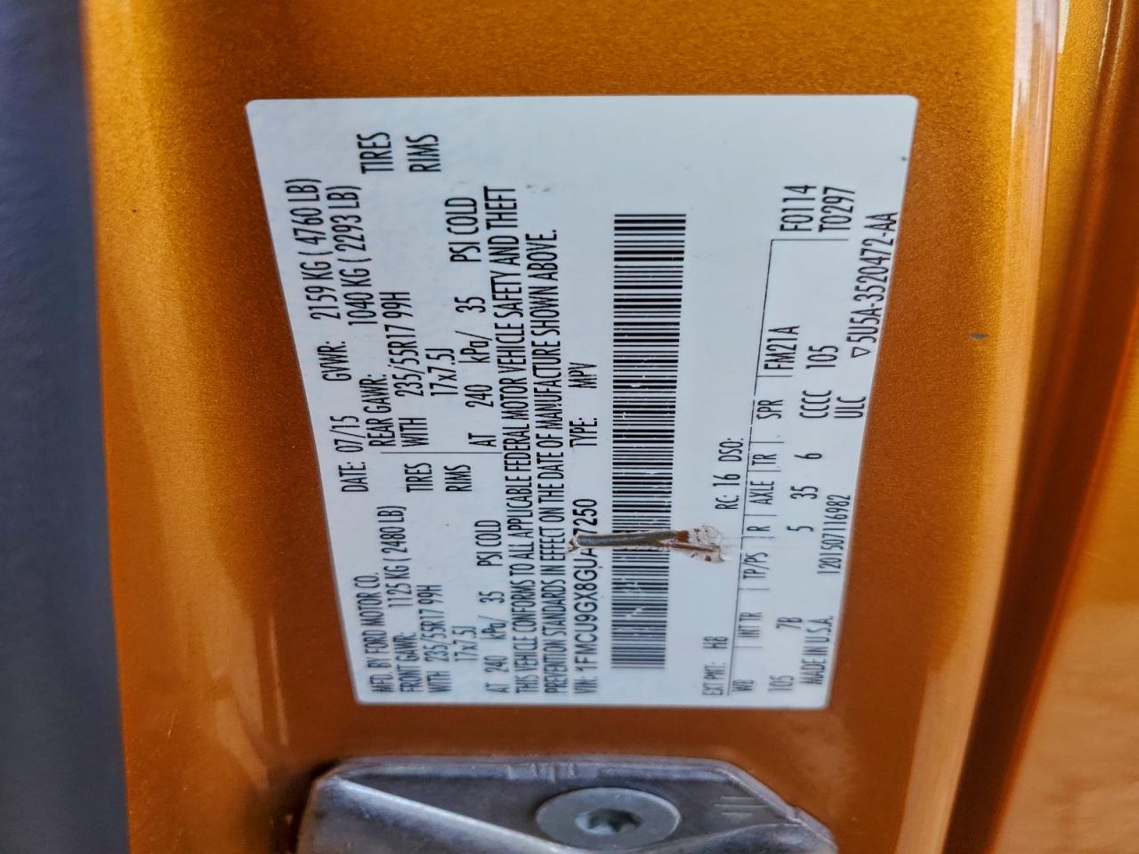 2016 Ford Escape Se VIN: 1FMCU9GX8GUA17250 Lot: 93843755